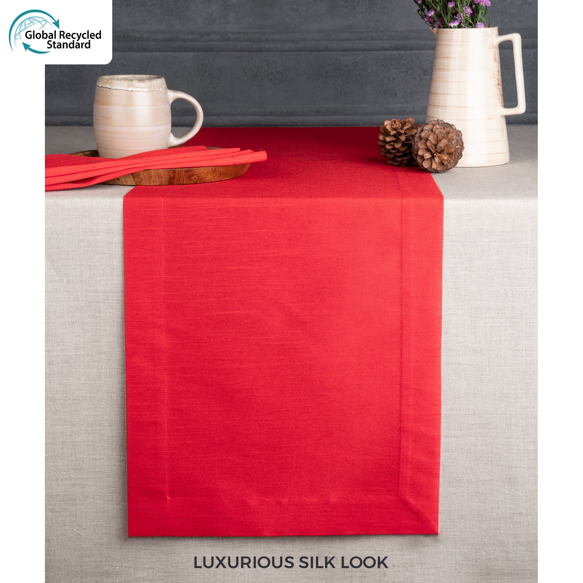 Tango Red Table Runner, Vegan Silk, Mitered Corner