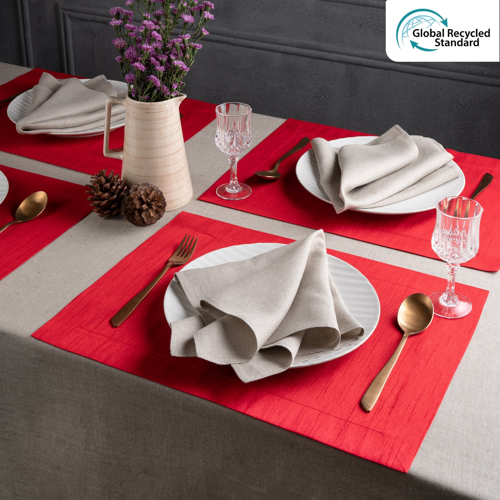 Tango Red Vegan Silk Placemats, Mitered Corner, 14 x 19 inch, 4 pcs