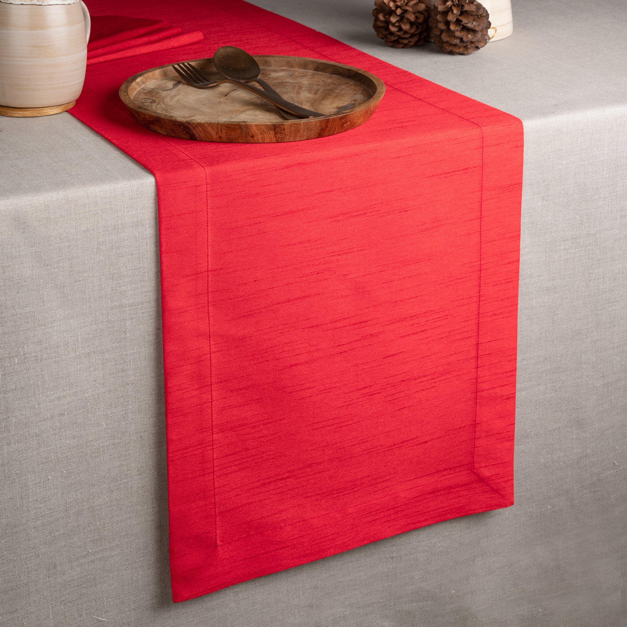 Tango Red Table Runner, Vegan Silk, Mitered Corner