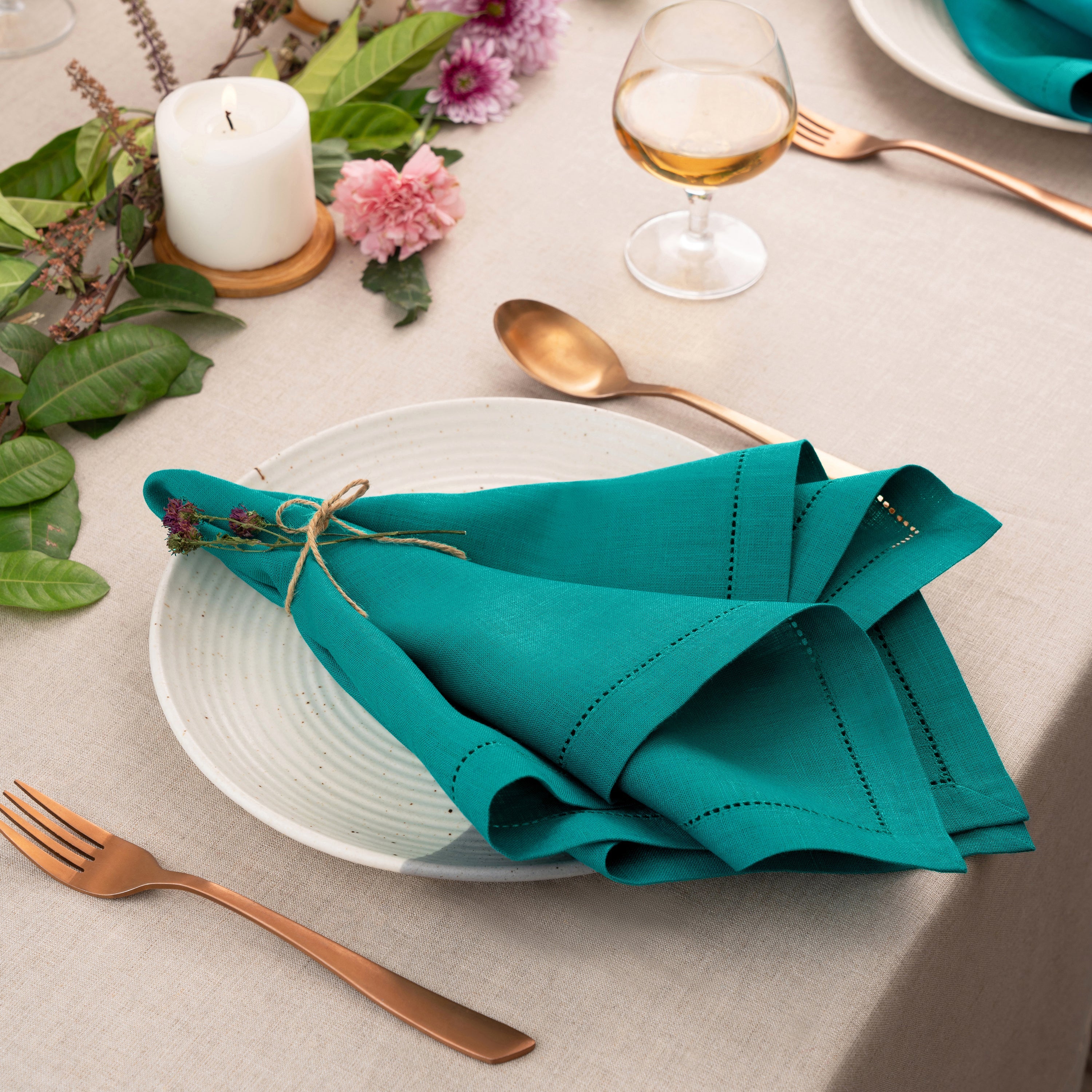 Teal Blue Linen Napkins, Hemstitch, 20 x 20 inch, 4 pcs