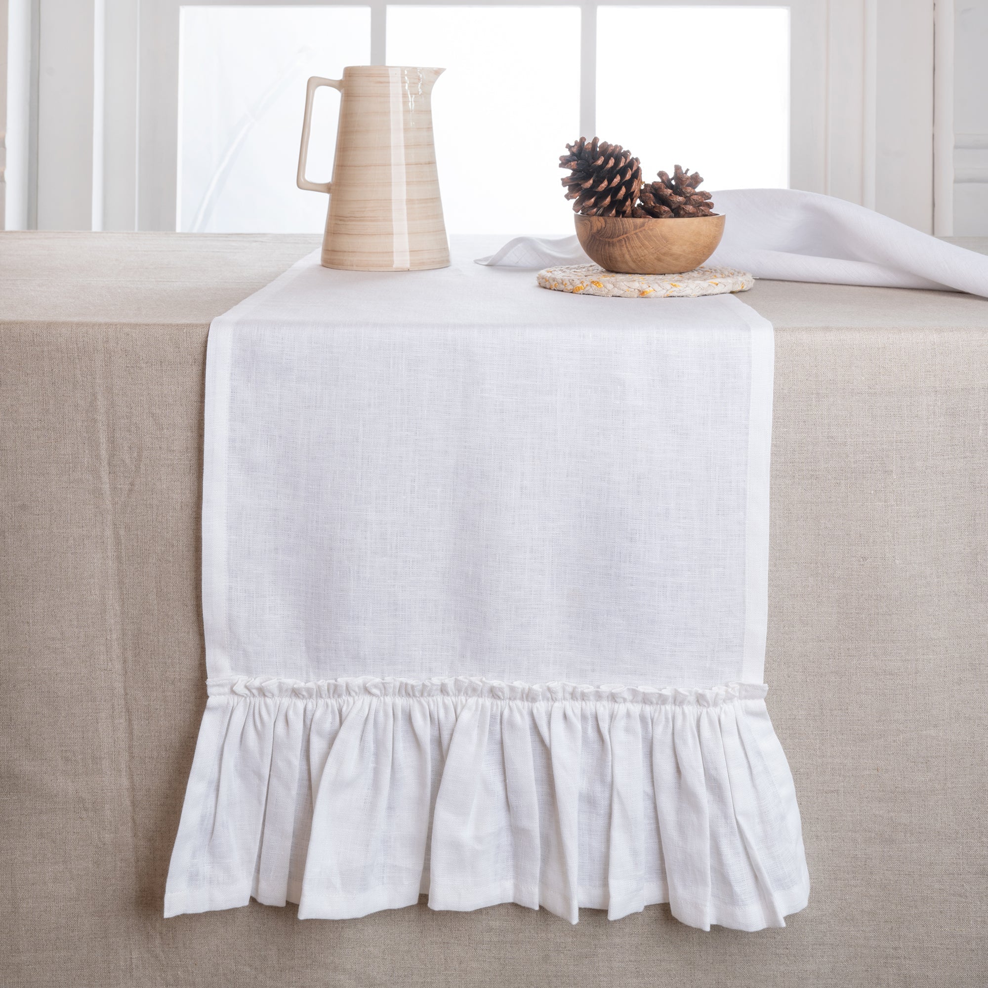 White Linen Table Runner, Ruffle