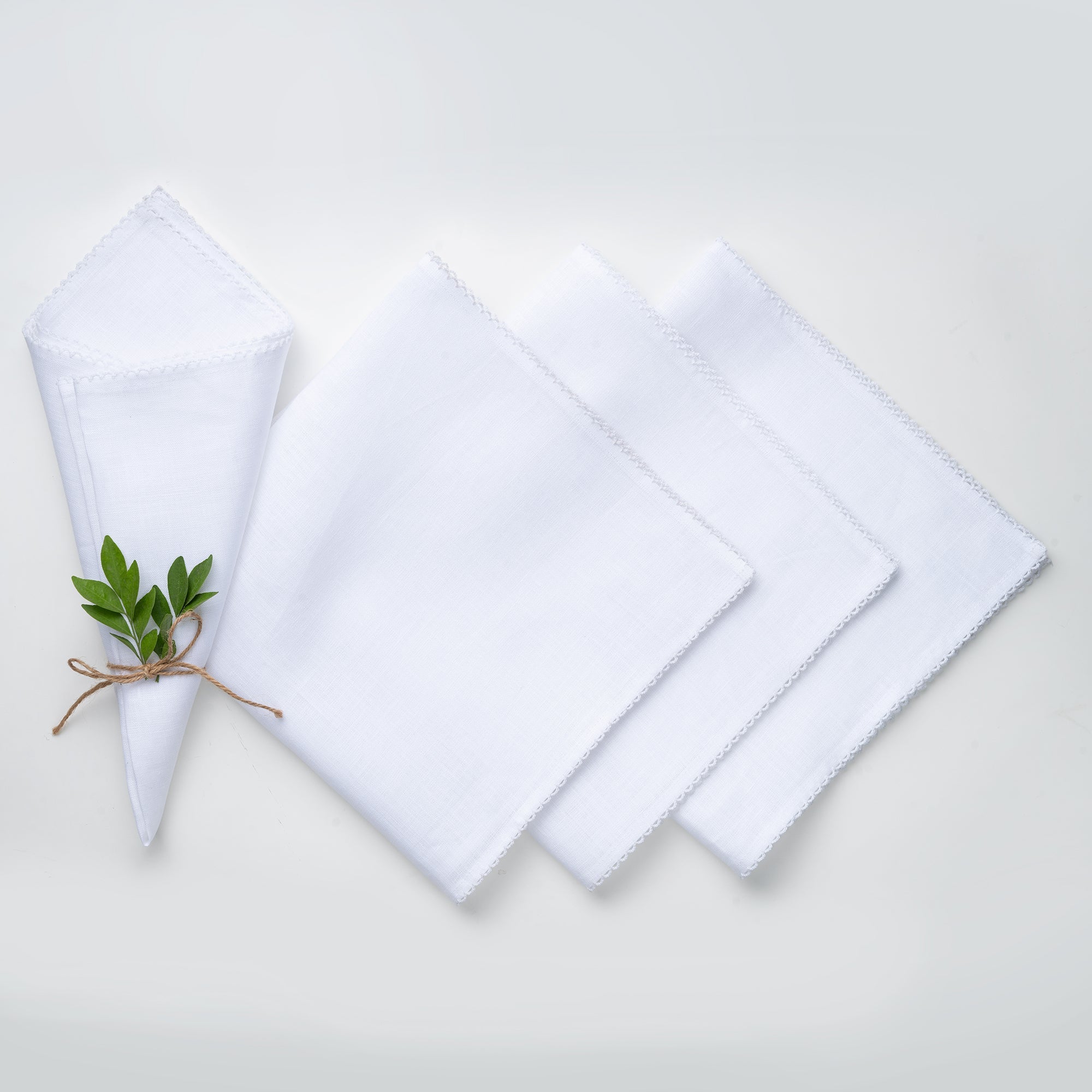 White and White Linen Napkins, Whipstitch, 20 x 20 inch, 4 pcs