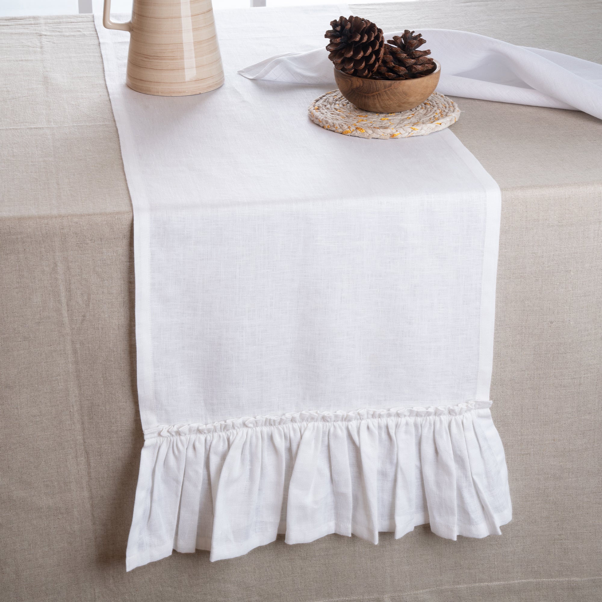 White Linen Table Runner, Ruffle