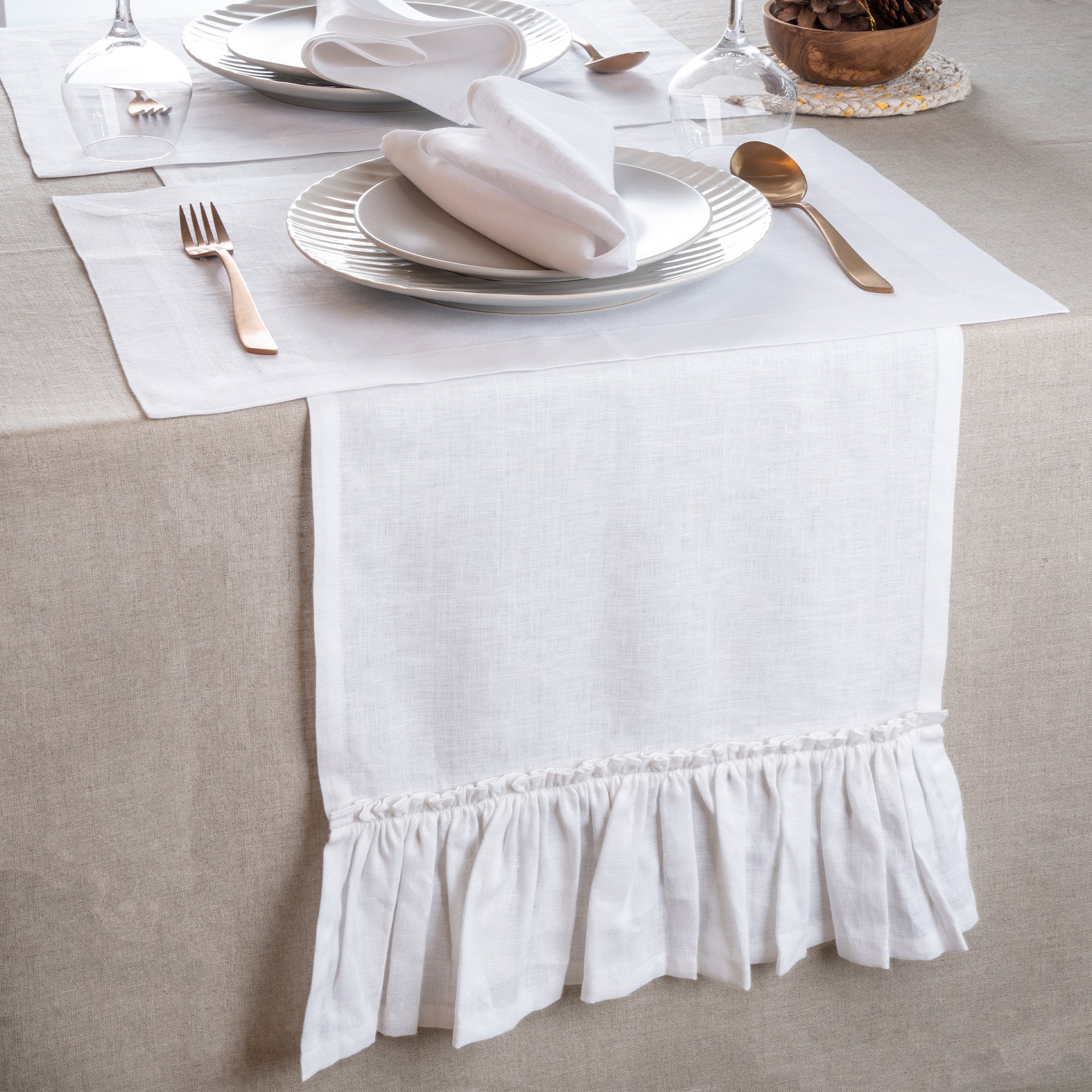 White Linen Table Runner, Ruffle