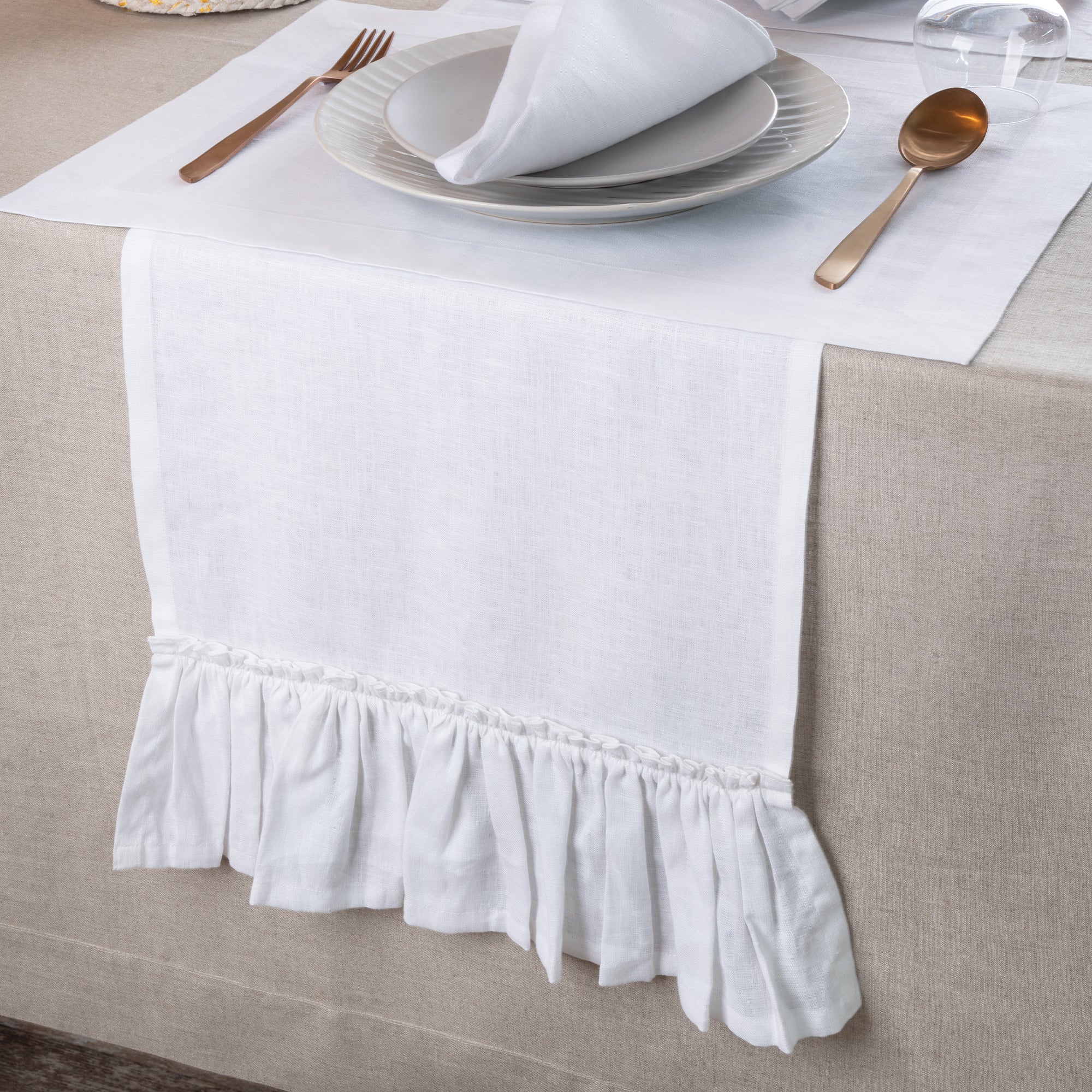 White Linen Table Runner, Ruffle