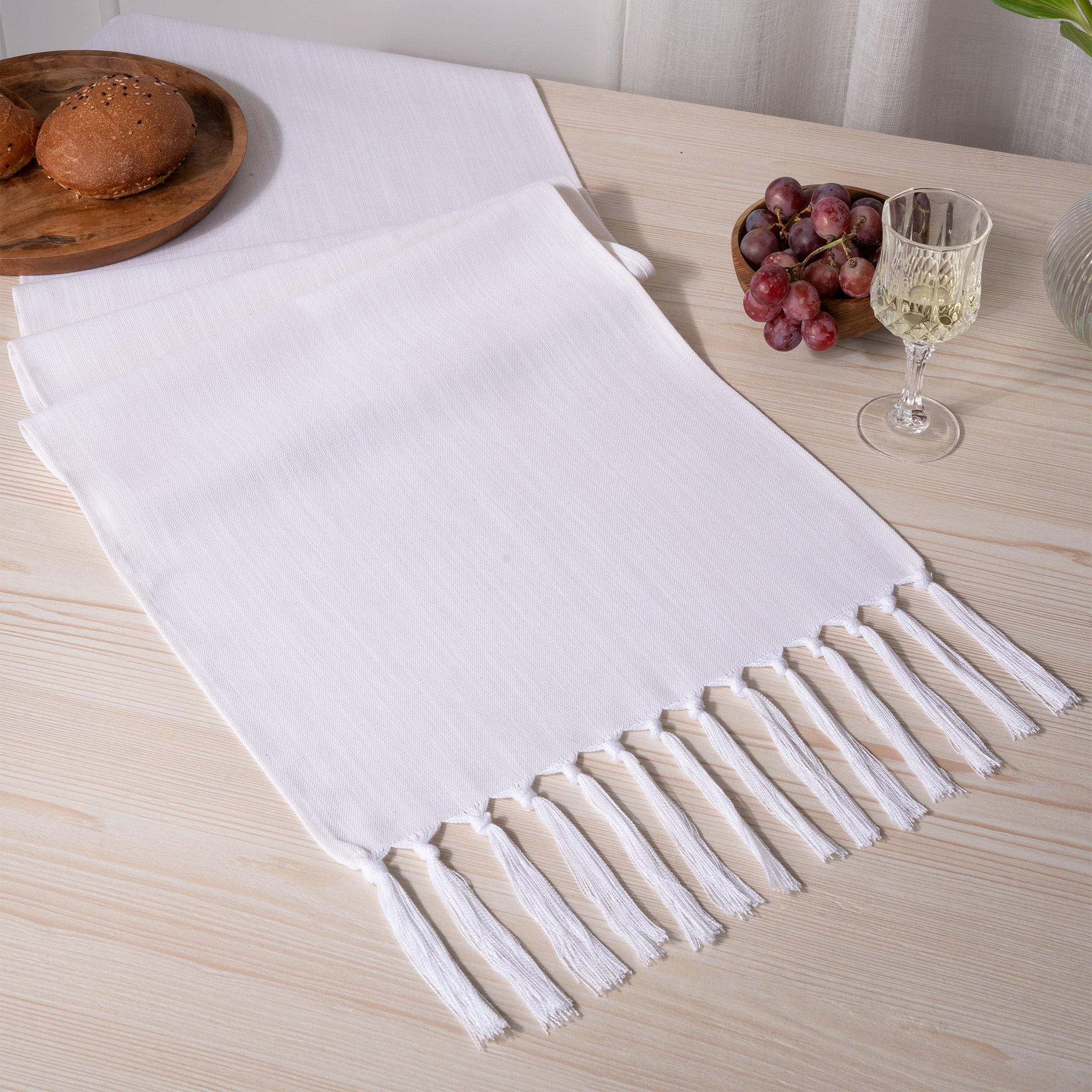 Chambray Cream & White Faux Linen Table Runner - Tassel