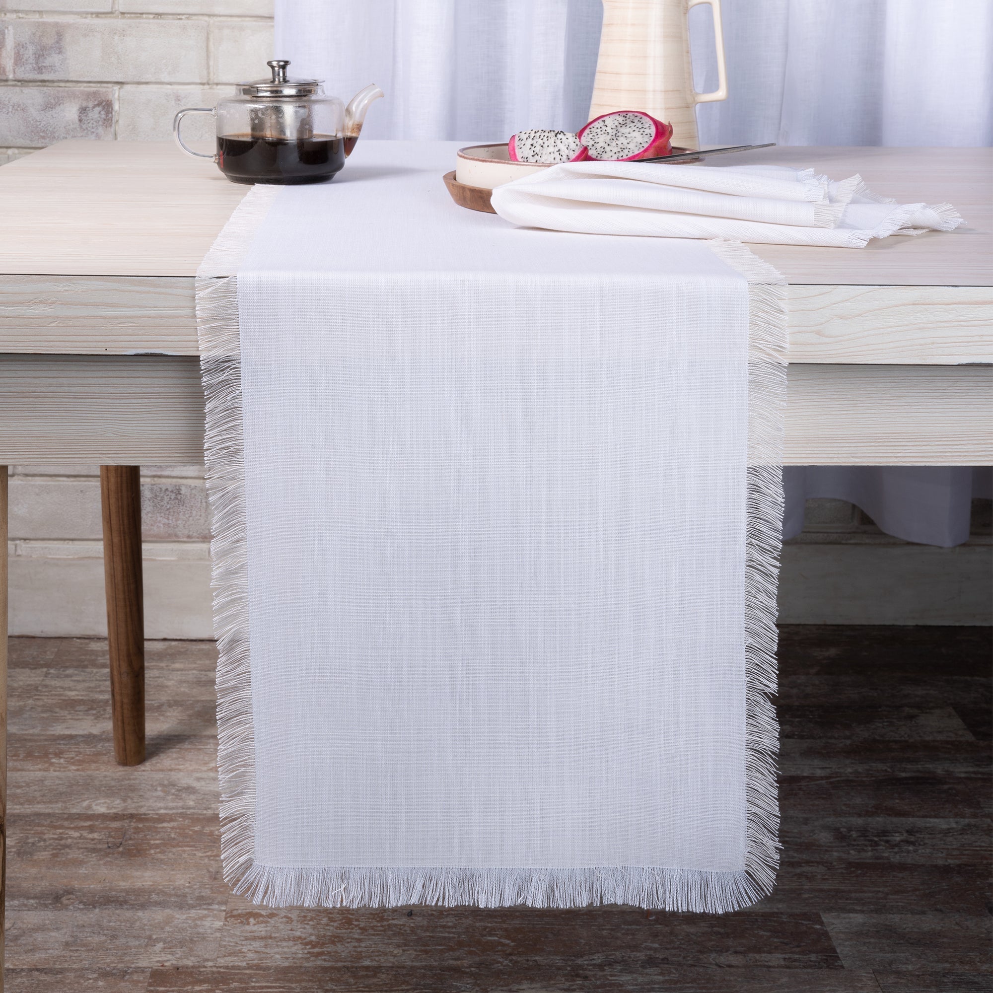 Chambray Cream & White Table Runner, Faux Linen, Fringe