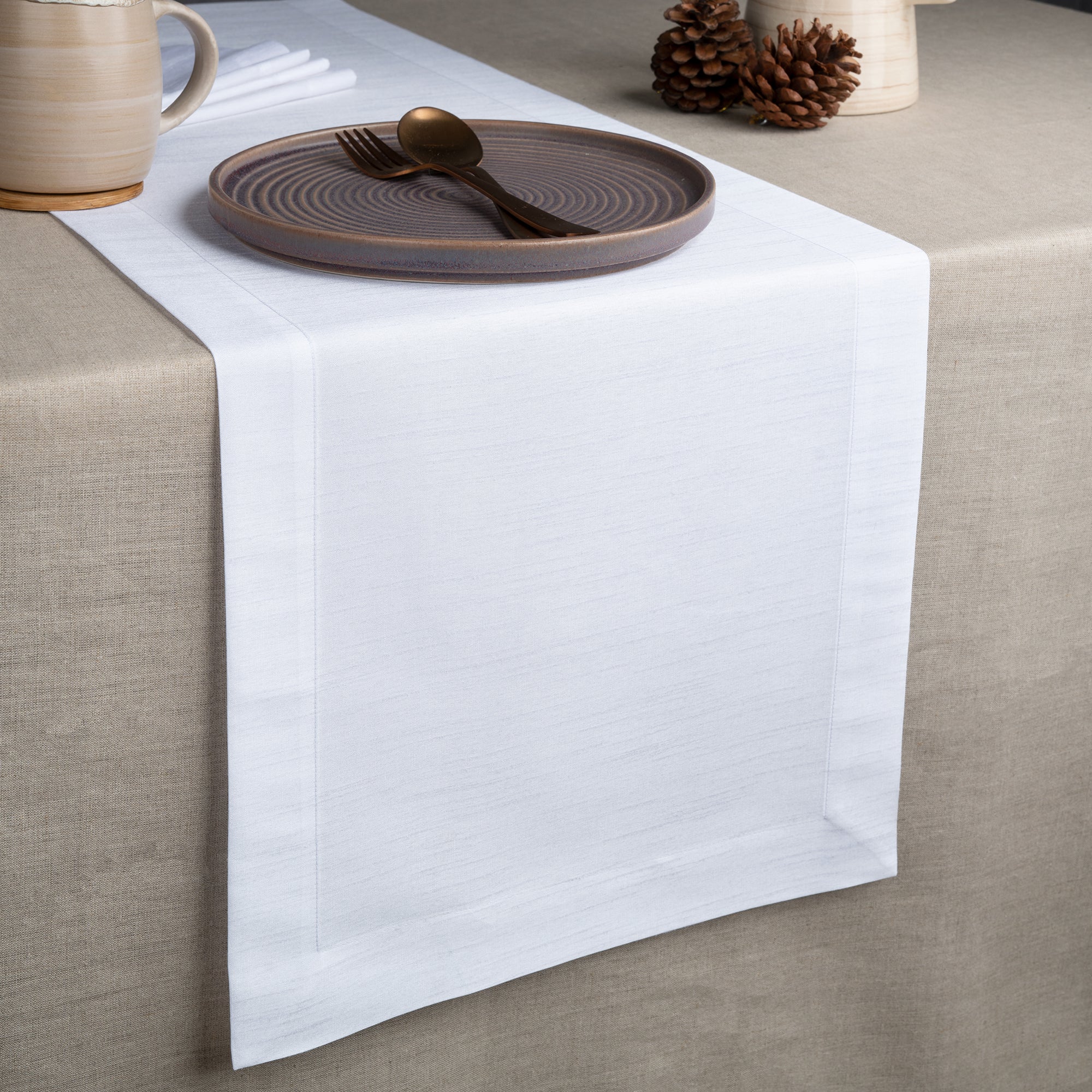 White Table Runner, Vegan Silk, Mitered Corner