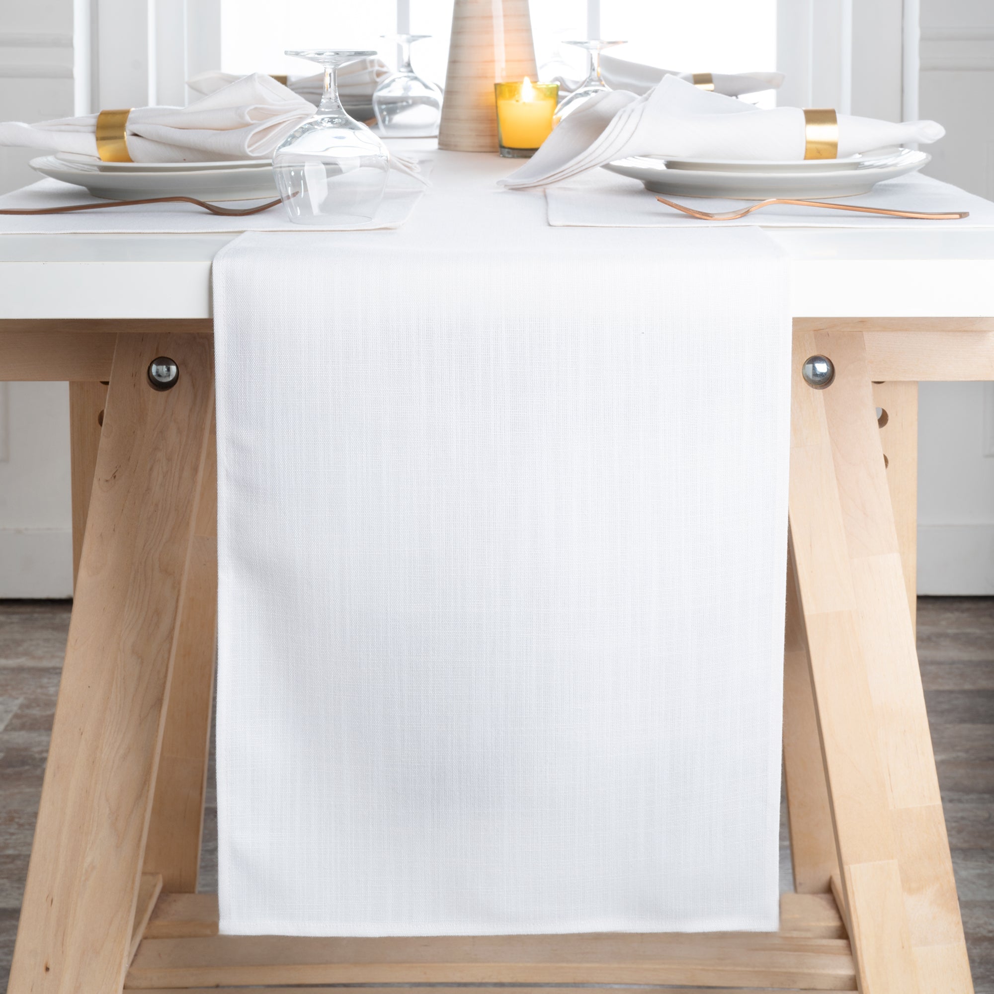 Chambray Cream & White Table Runner, Faux Linen, Plain