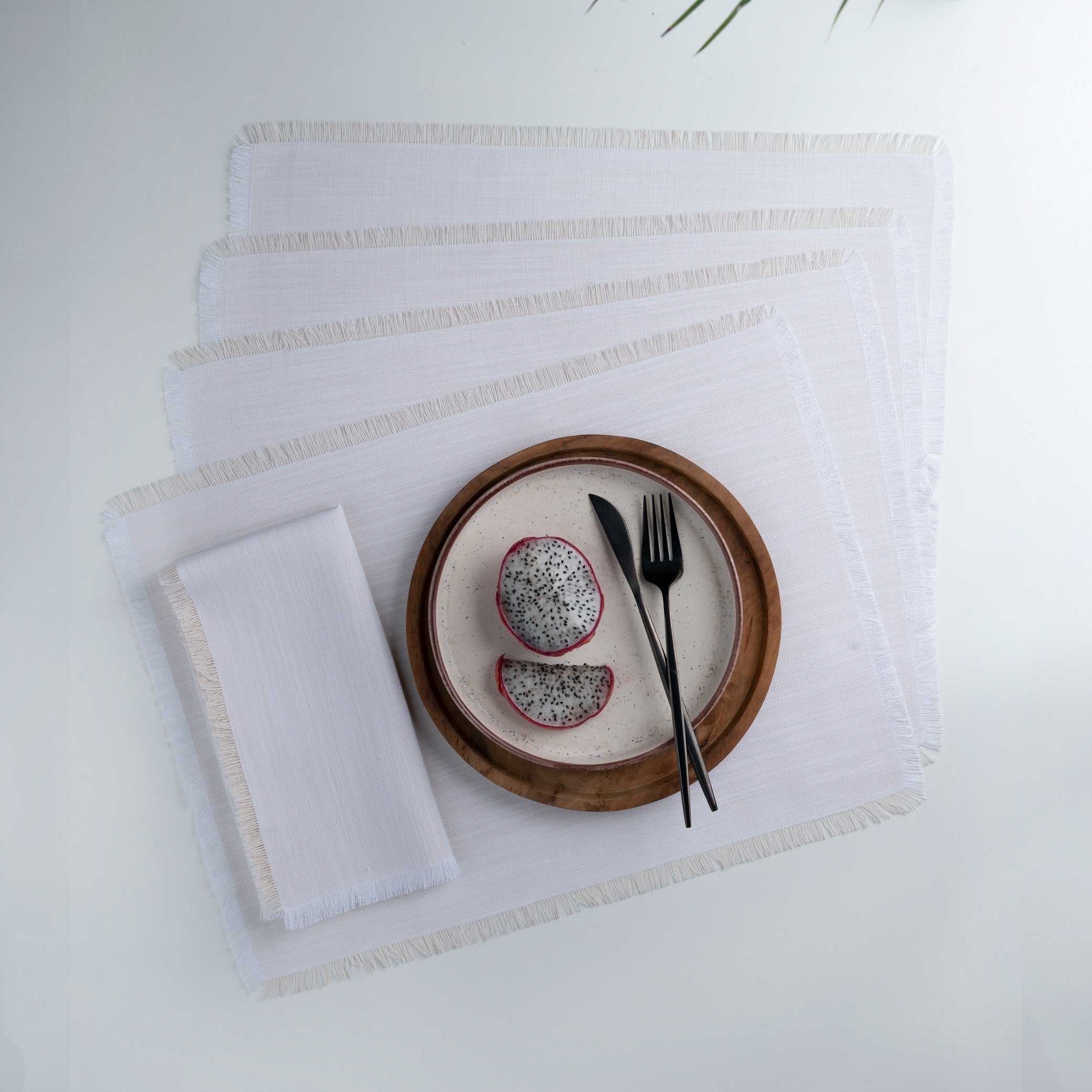 Chambray Cream & White Faux Linen Placemats, Fringe, 14 x 19 inch, 4 pcs