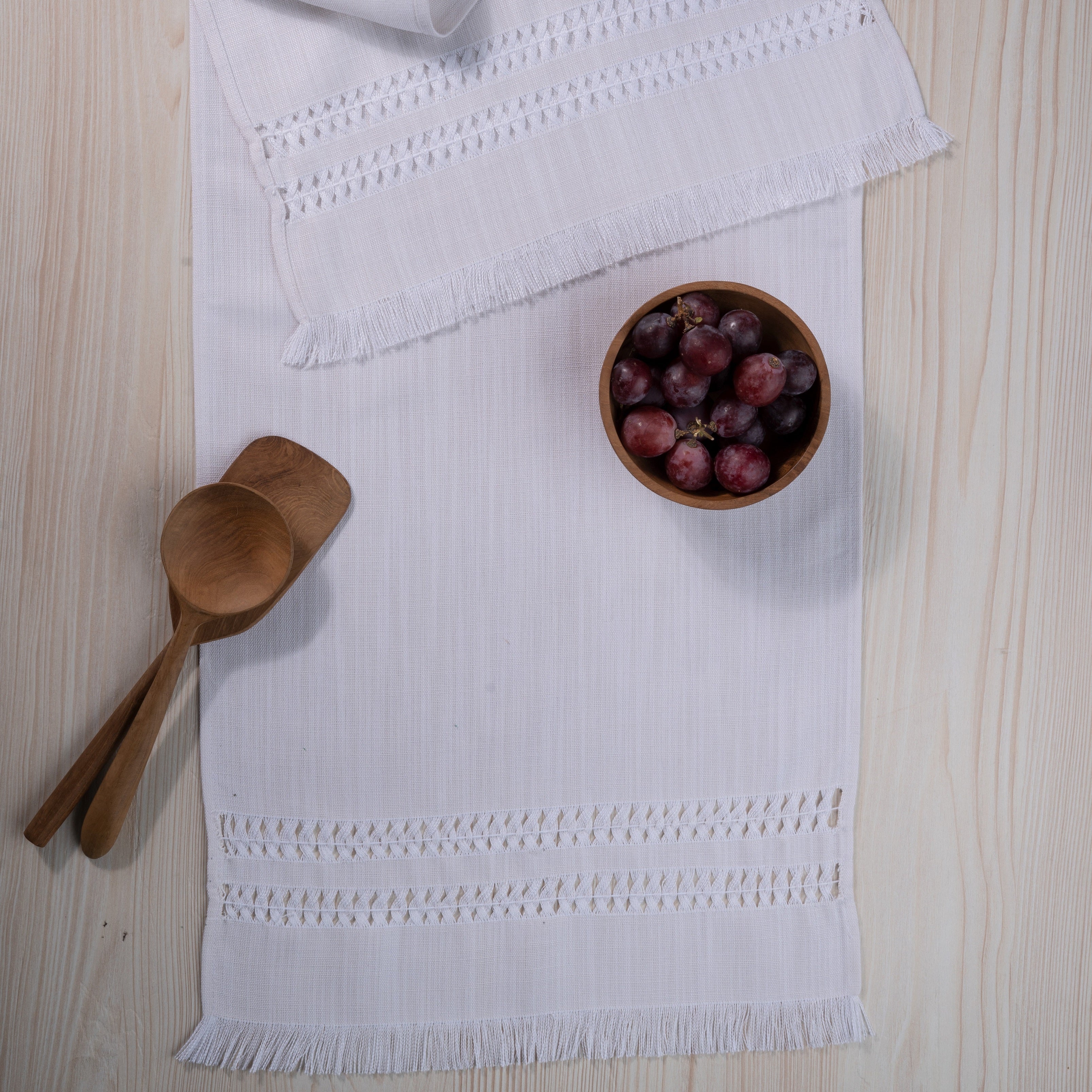 Chambray Cream & White Table Runner, Faux Linen, Hand Hemstitch