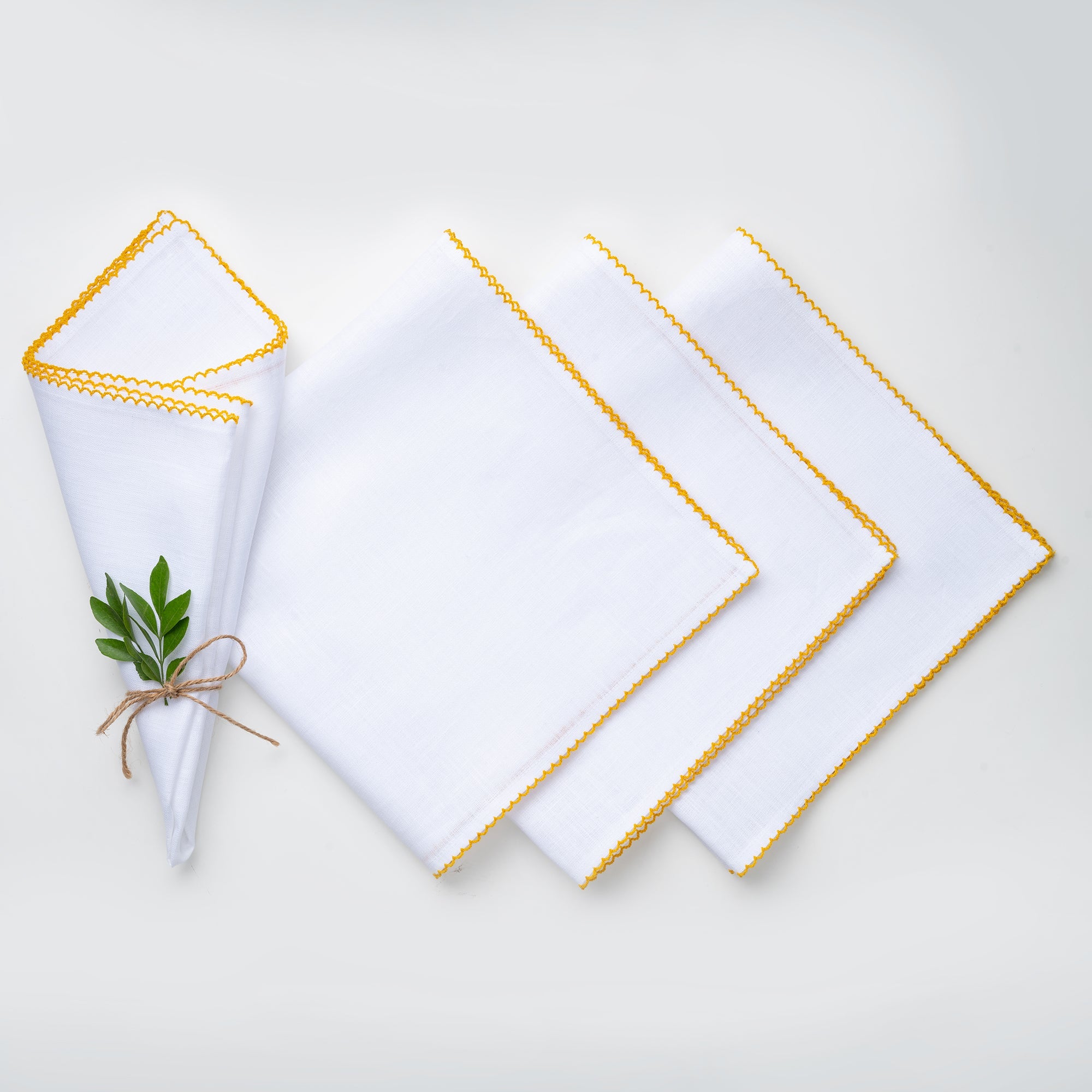 White and Yellow Linen Napkins, Whipstitch, 20 x 20 inch, 4 pcs