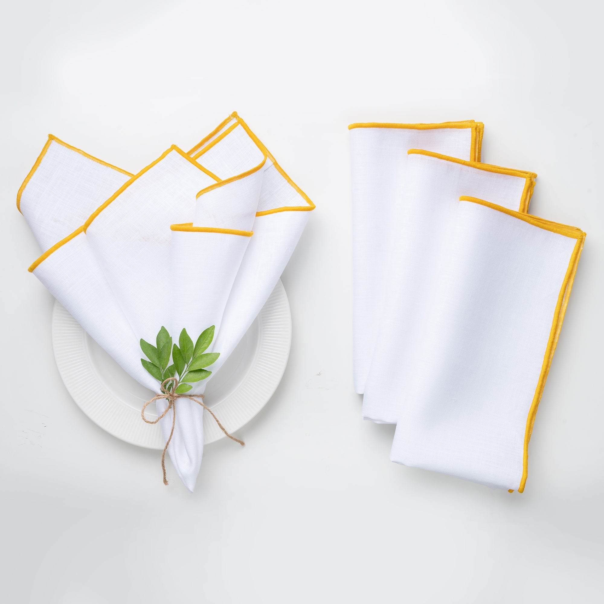 White and Yellow Linen Napkins, Marrow Edge, 20 x 20 inch, 4 pcs