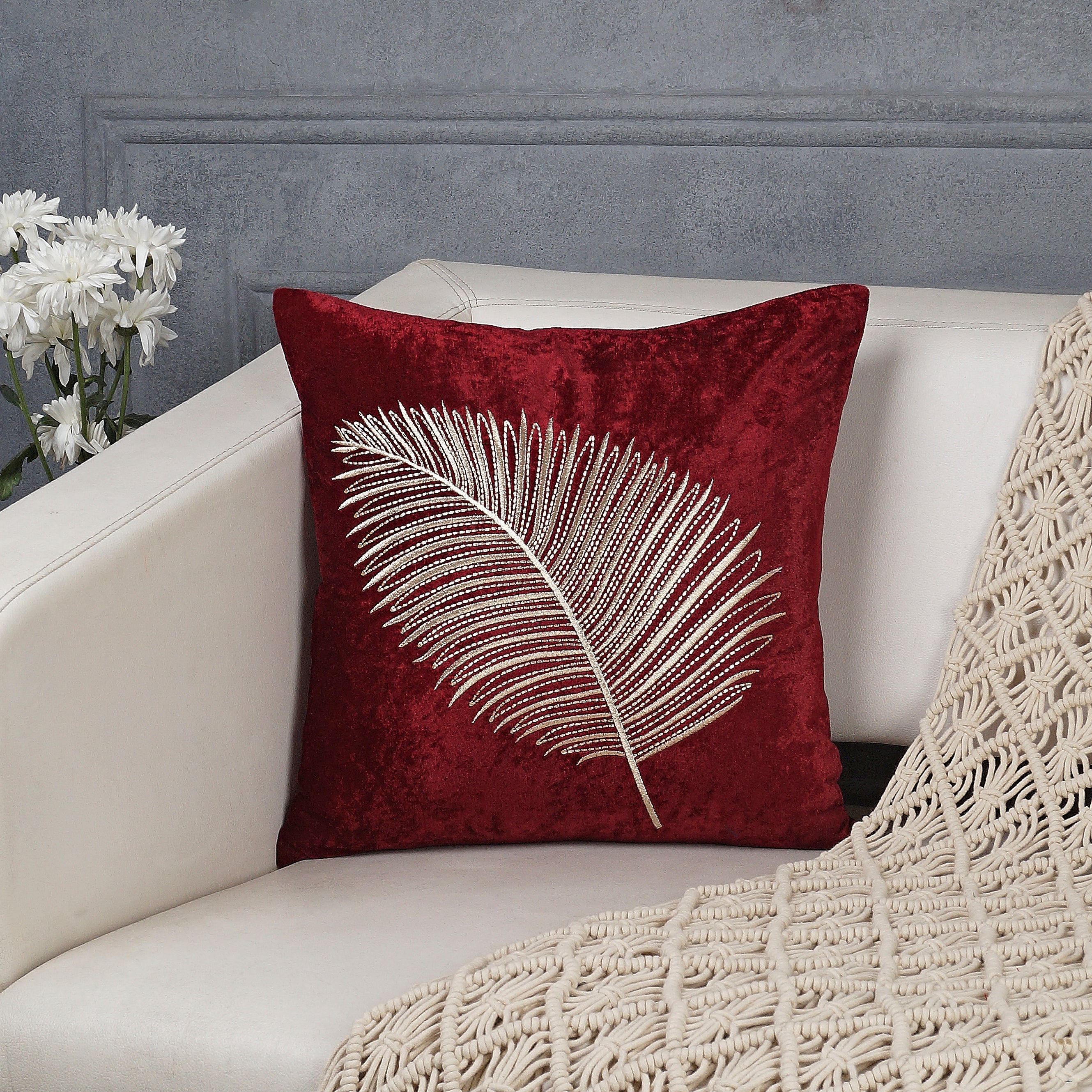 Chinar Embroidered Decorative Pillow Cover - Wine