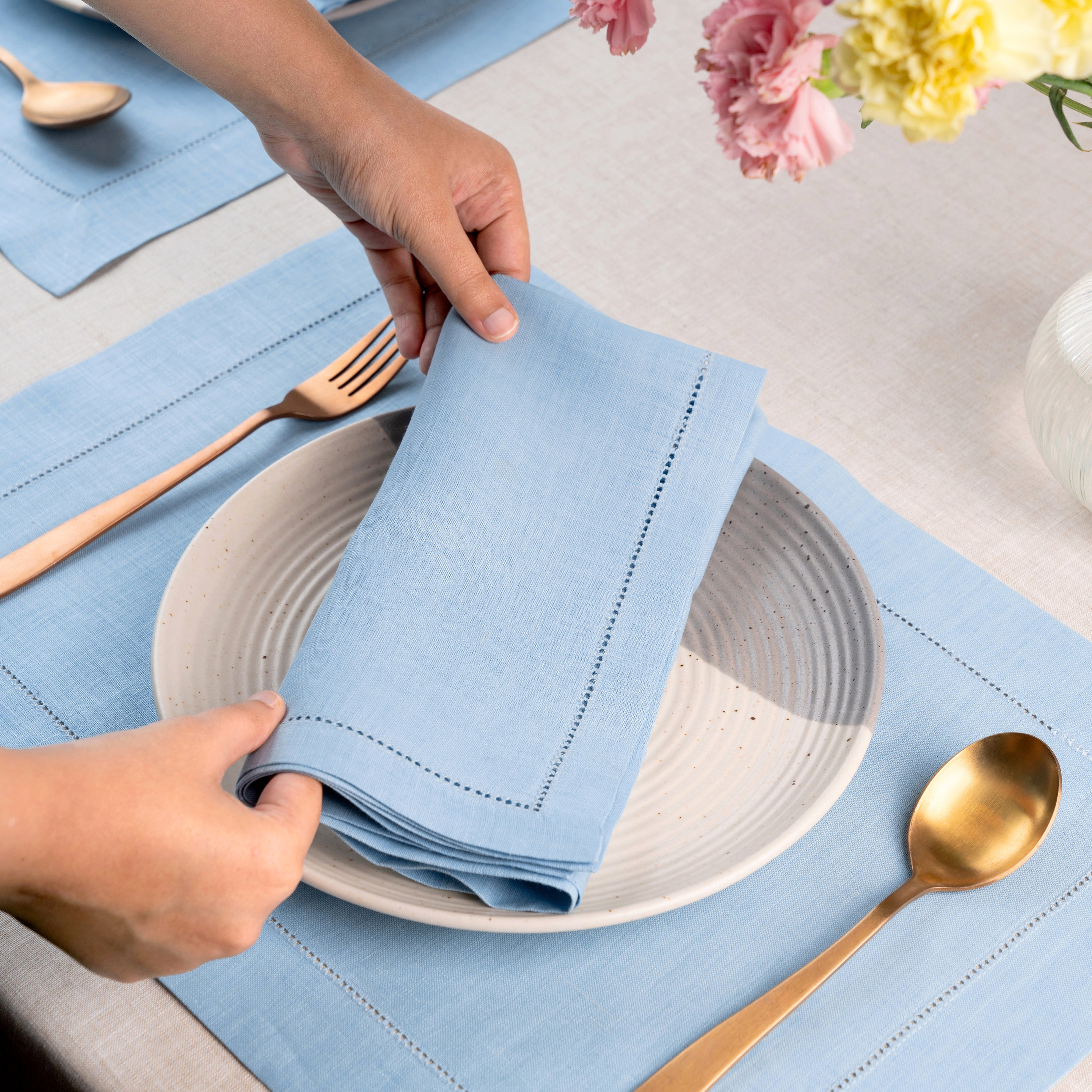 Powder Blue Linen Napkins, Hemstitch, 20 x 20 inch, 4 pcs