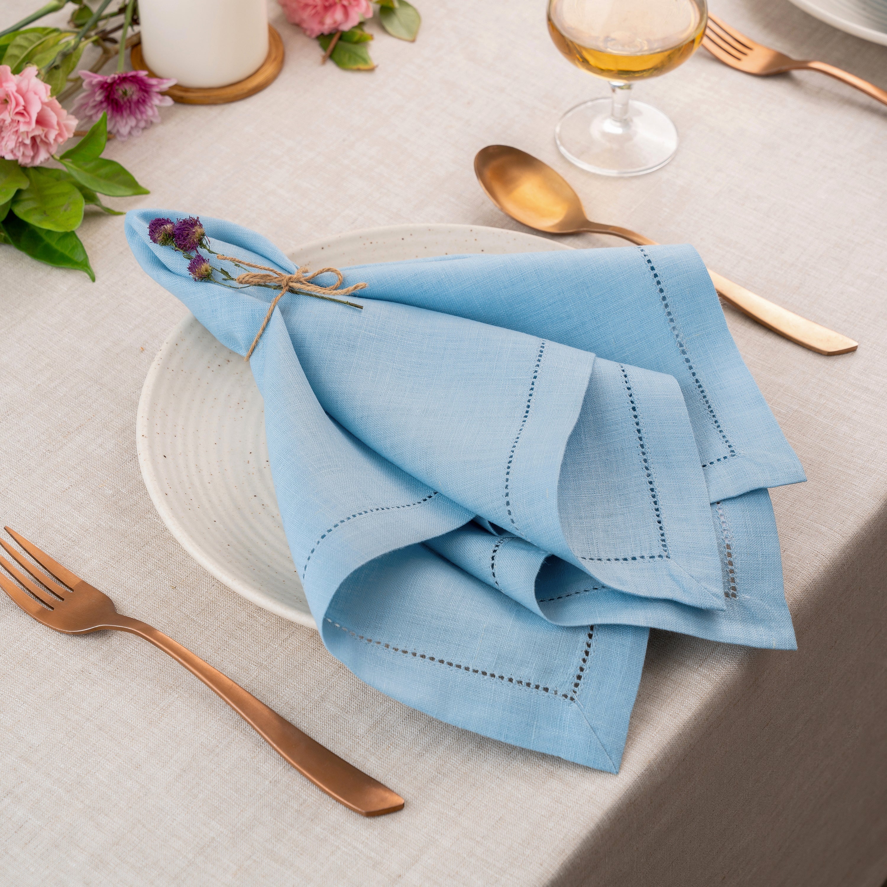 Powder Blue Linen Napkins, Hemstitch, 20 x 20 inch, 4 pcs