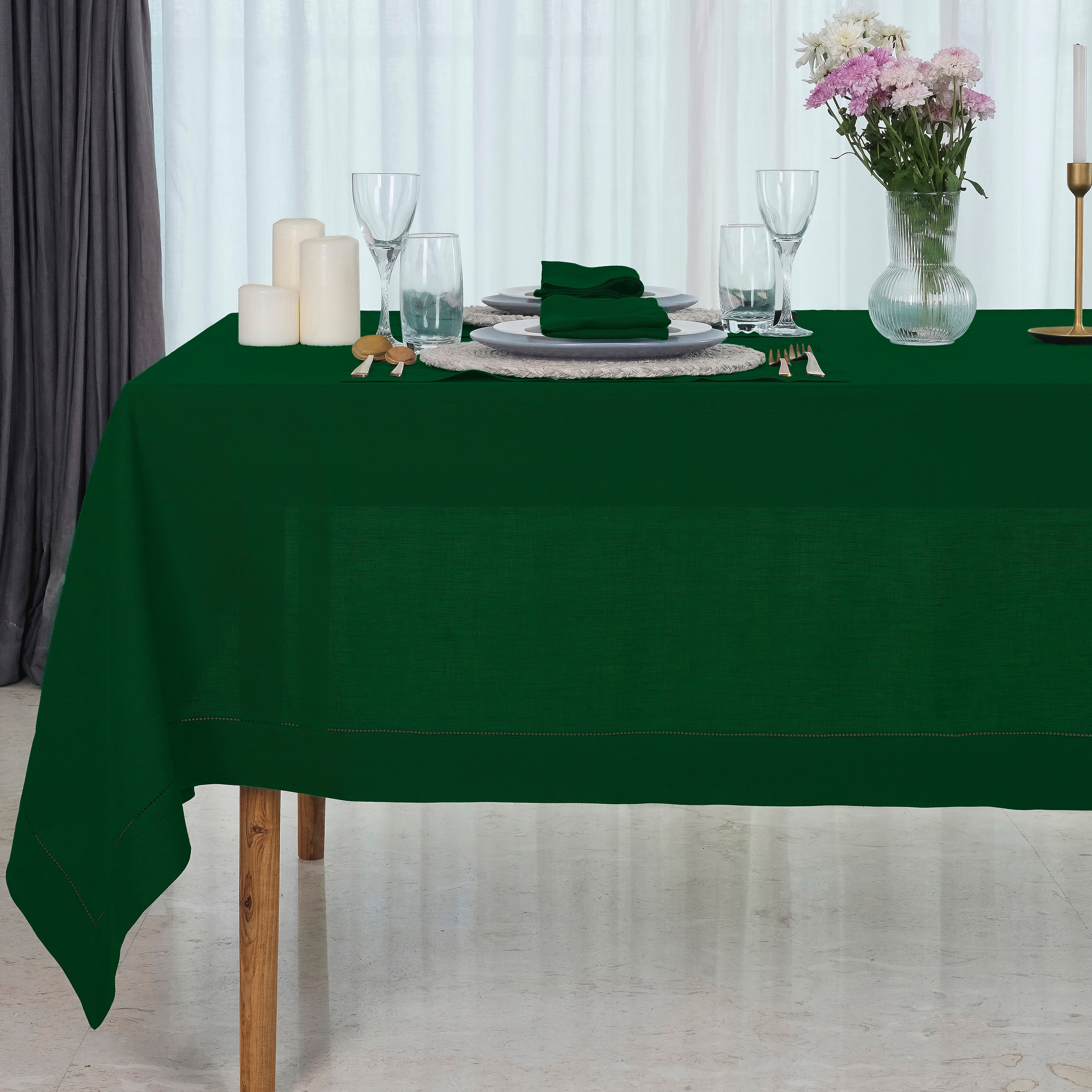 Eden Green Linen Tablecloth, Hemstitch