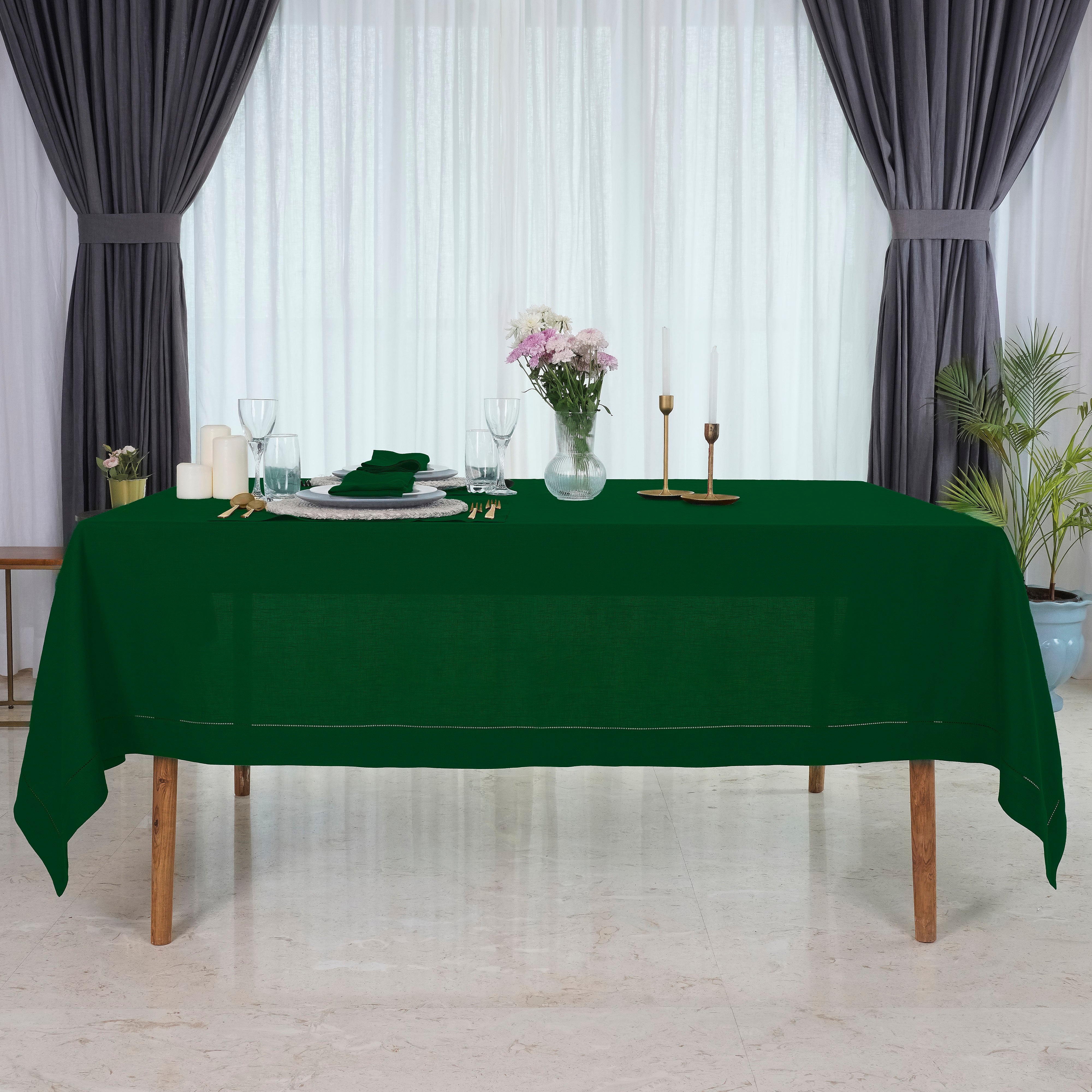 Eden Green Linen Tablecloth, Hemstitch