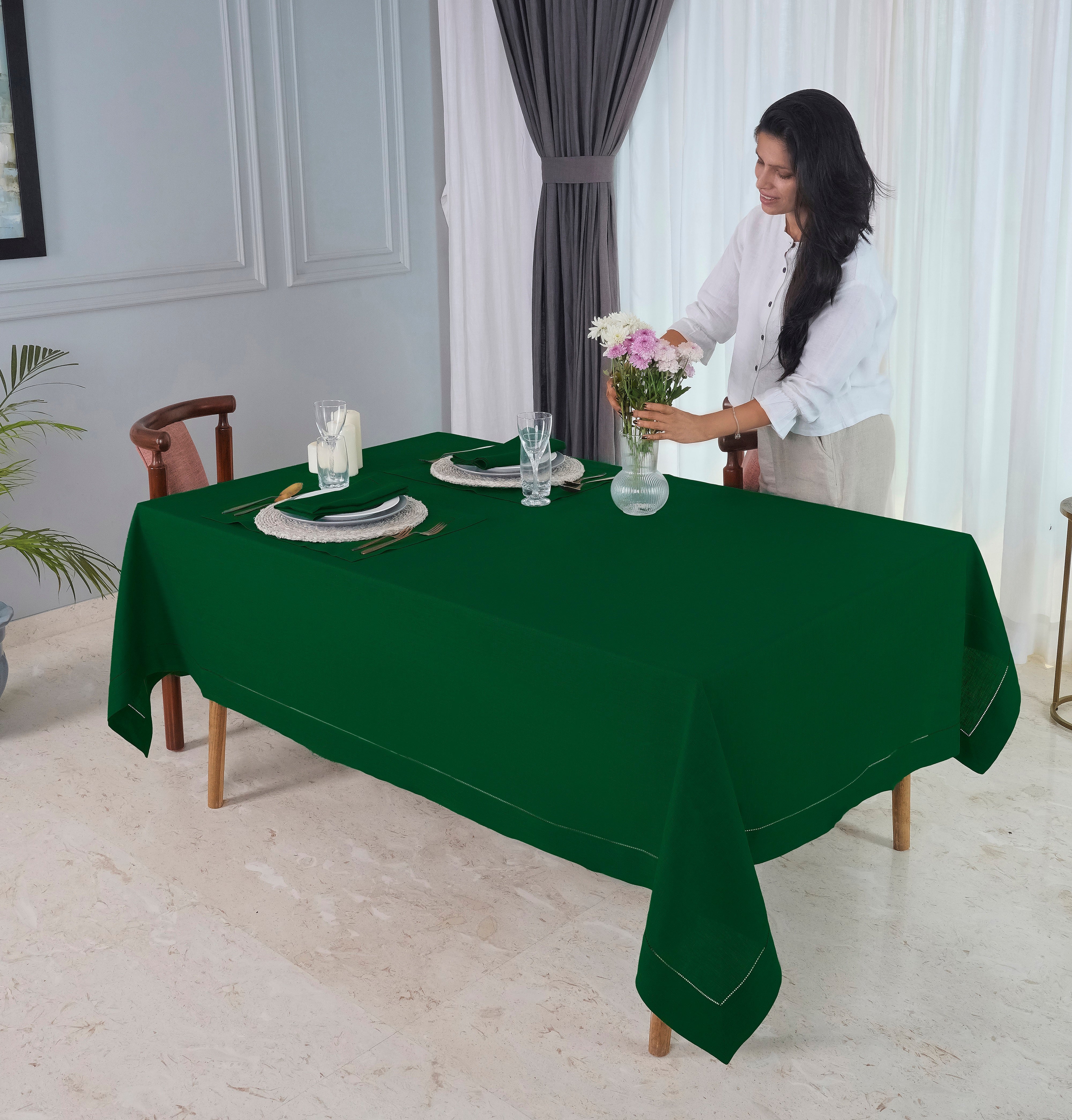 Eden Green Linen Tablecloth, Hemstitch