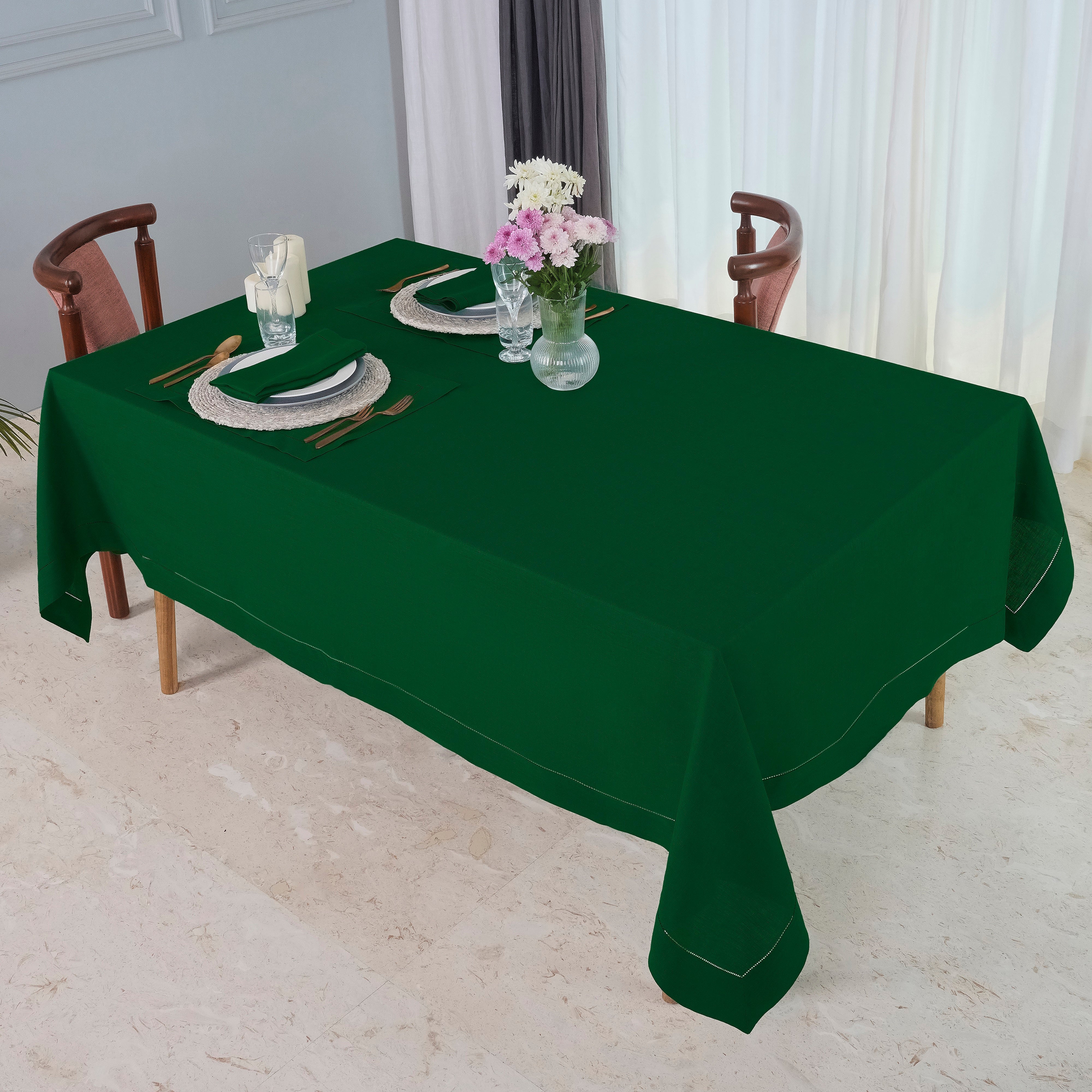 Eden Green Linen Tablecloth, Hemstitch