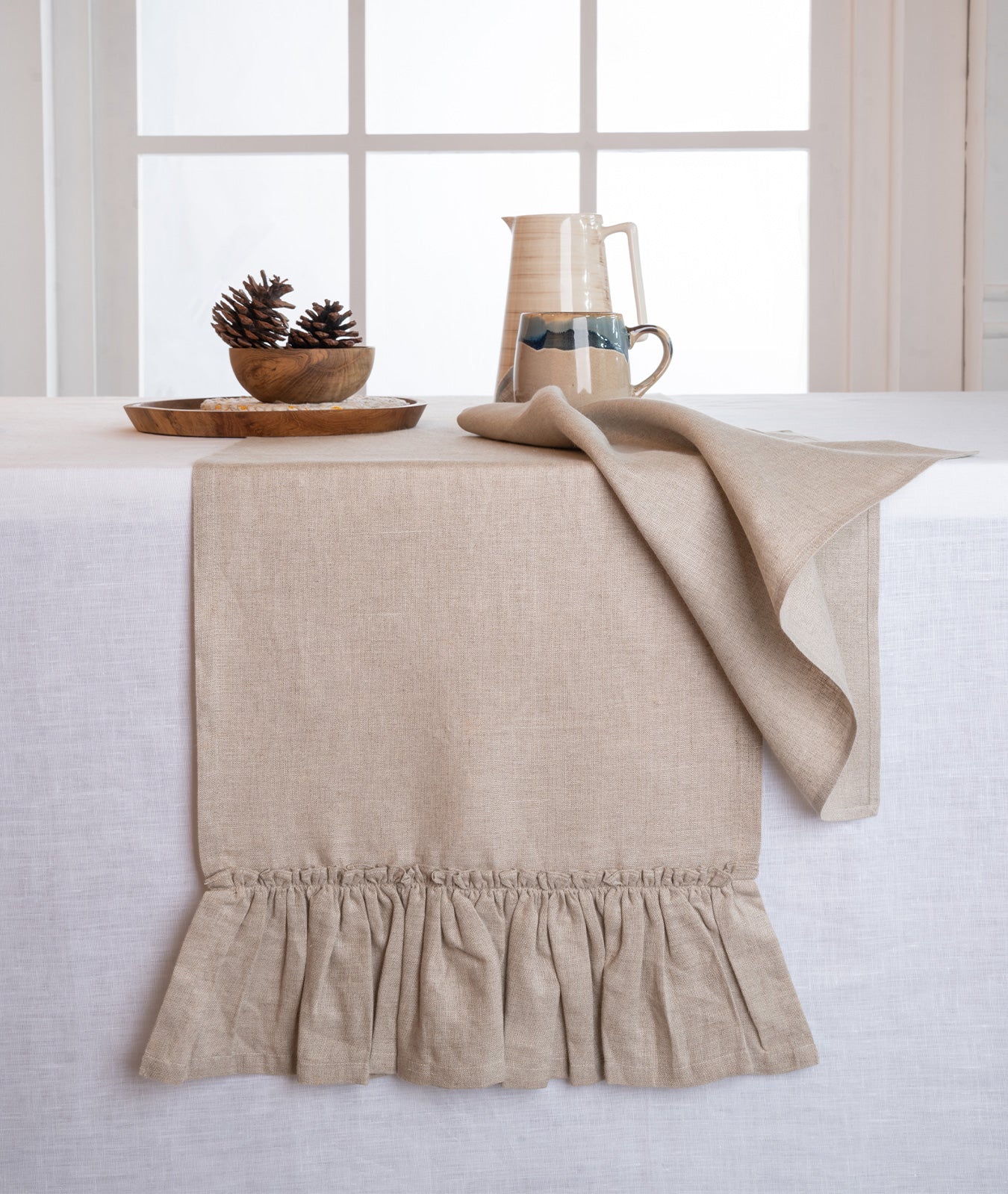 Linen Natural Table Runner - Ruffle