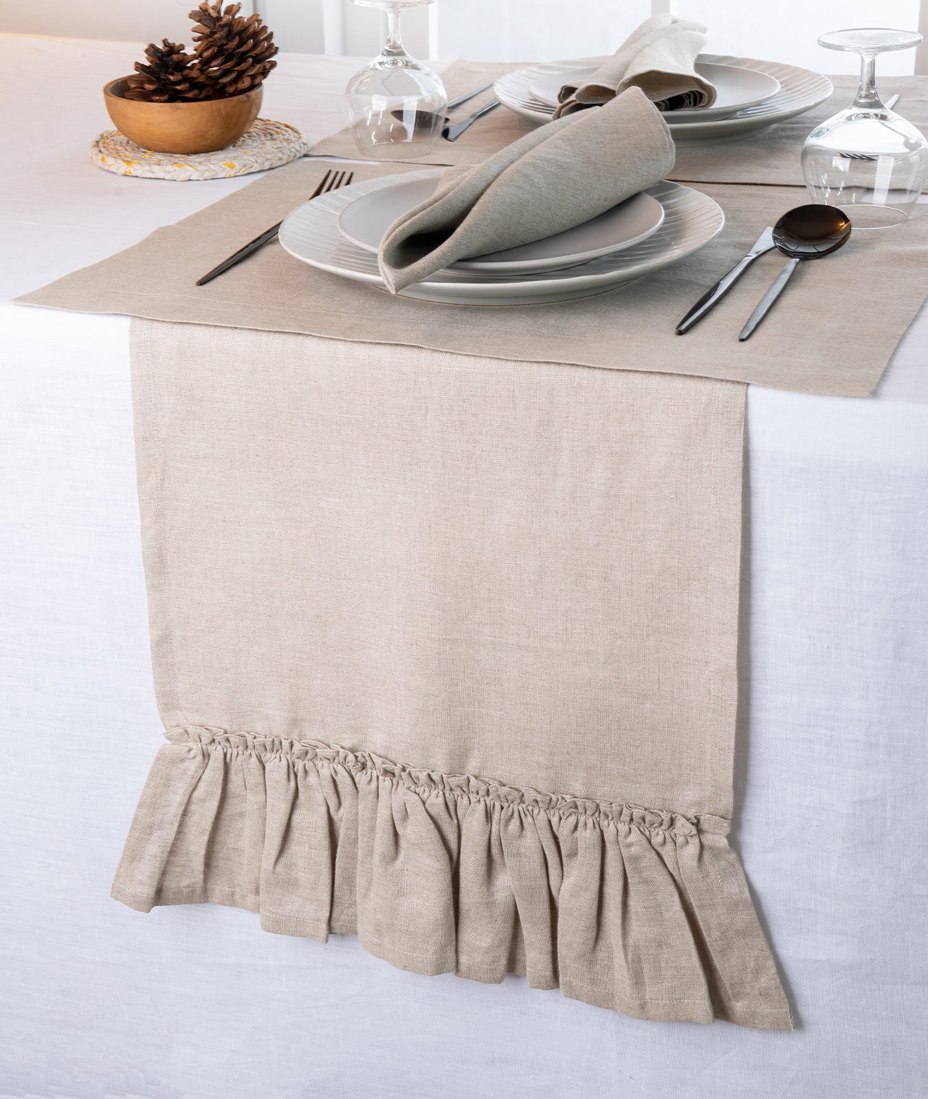 Linen Natural Table Runner - Ruffle