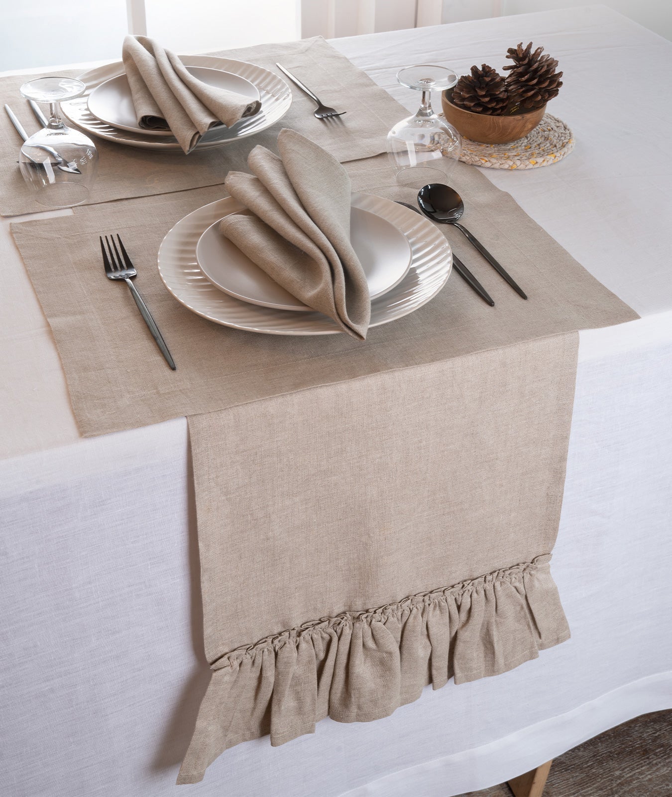 Linen Natural Table Runner - Ruffle