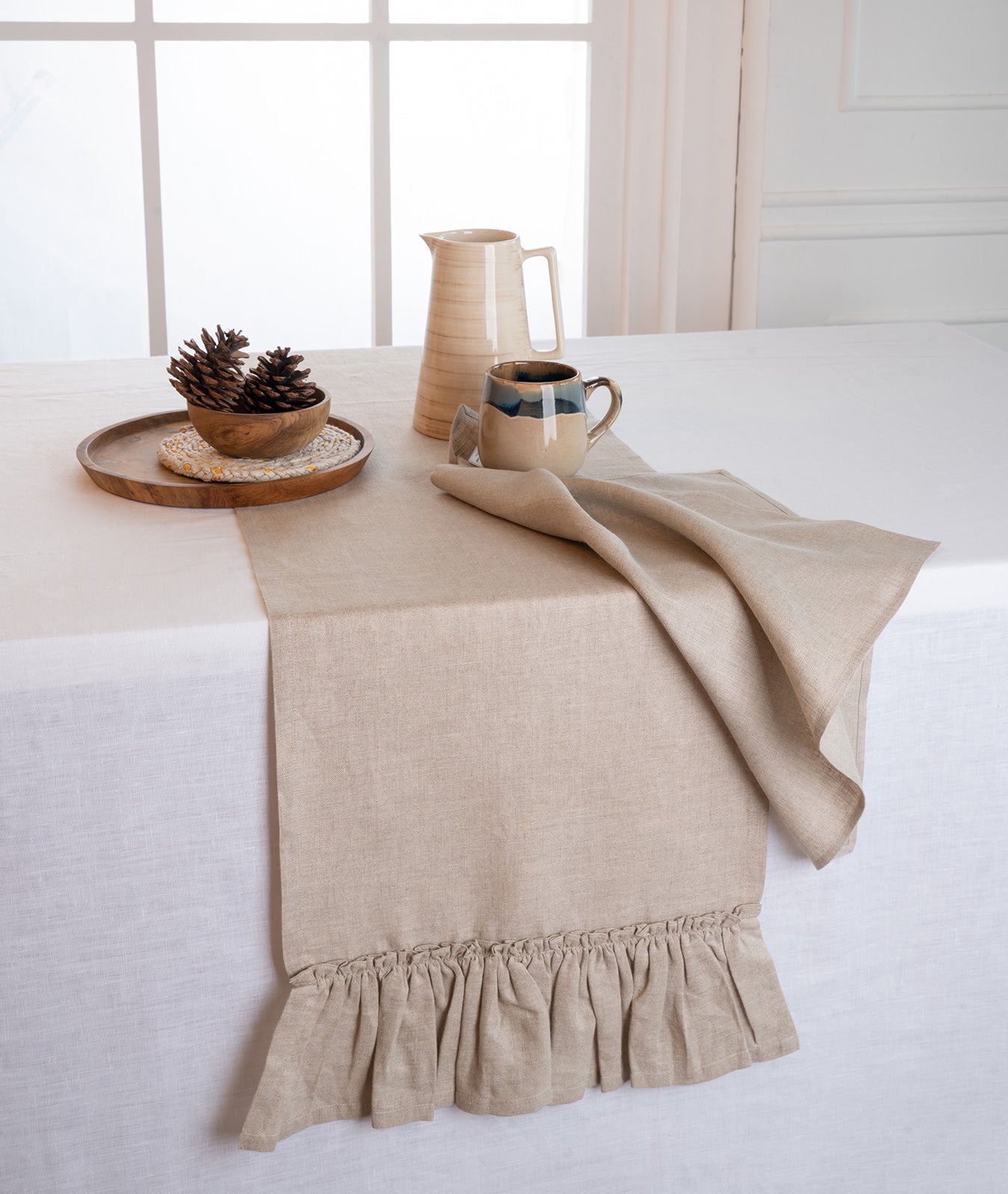 Linen Natural Table Runner - Ruffle