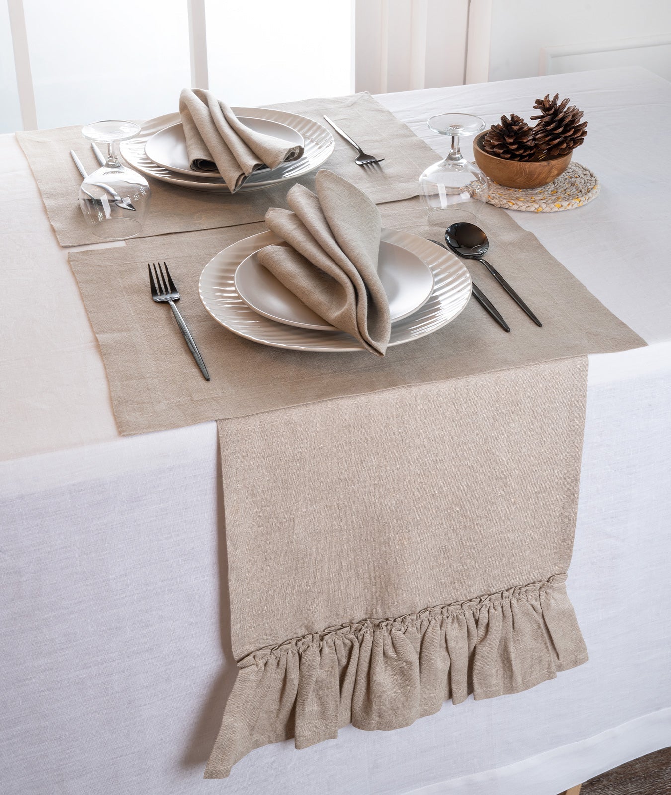 Linen Natural Table Runner - Ruffle